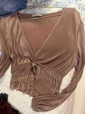Zara Blush Ribbed Wrap-Front Long Sleeve Top